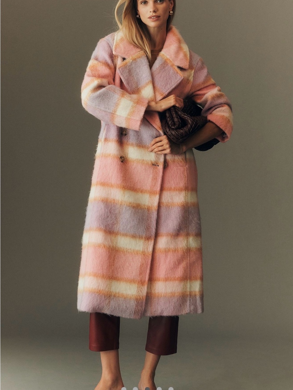 Anthropologie Maeve  Pastel Plaid Long Trench Coat in Pink, Lavender & Cream - Picture 3 of 7